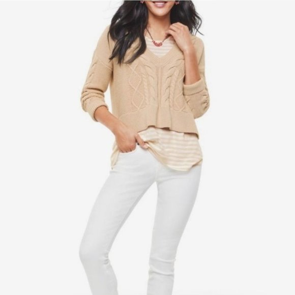 Cabi Cropped Cable Knit Pullover Sweater Vneck Neutral L - Picture 1 of 12